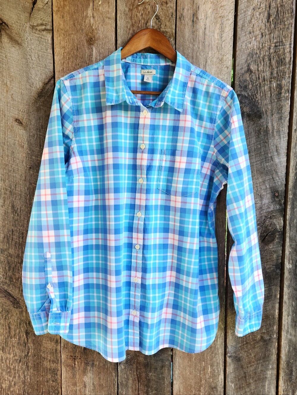 L.L.Bean Cotton Plaid Button-Down Shirt in Blue & Pink Women's XL